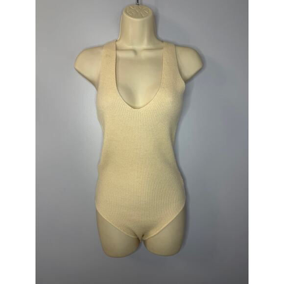 Ryan Roche Tops - Ryan Roche Cashmere Bodysuit Rib Knit Cream Tie Open Back O/S